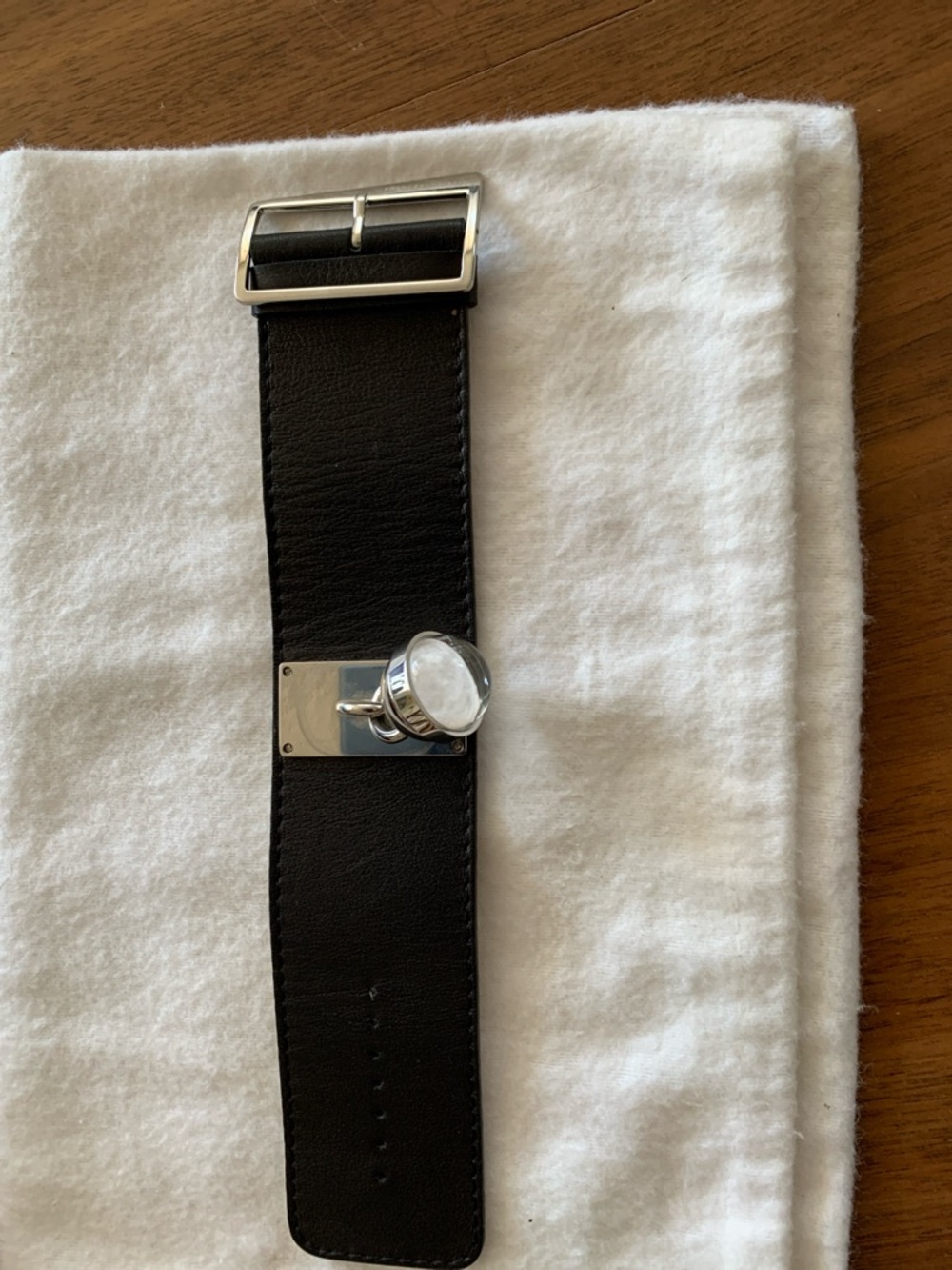 Black Leather Cuff Bracelet with watch Silver Hardware. Very unique!
